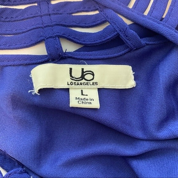 UA LA Cut Out Lattice Detail Dress Sleeveless Sexy Blue Purple Silk Midi SZ L - Picture 7 of 10